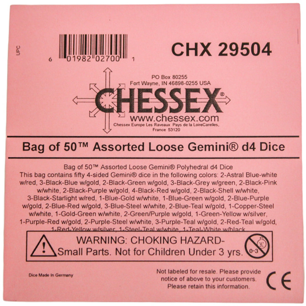 Pink label for Chessex &#39;Bag of 50 Assorted Loose Gemini d4 Dice&#39;, showing barcode and choking hazard