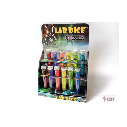 Chessex Lab Dice retail display with colorful dice sets packaged in clear test tube vials