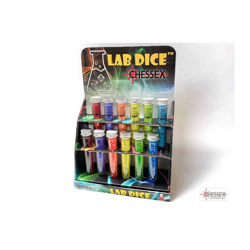 Chessex Lab Dice retail display with colorful dice sets packaged in clear test tube vials