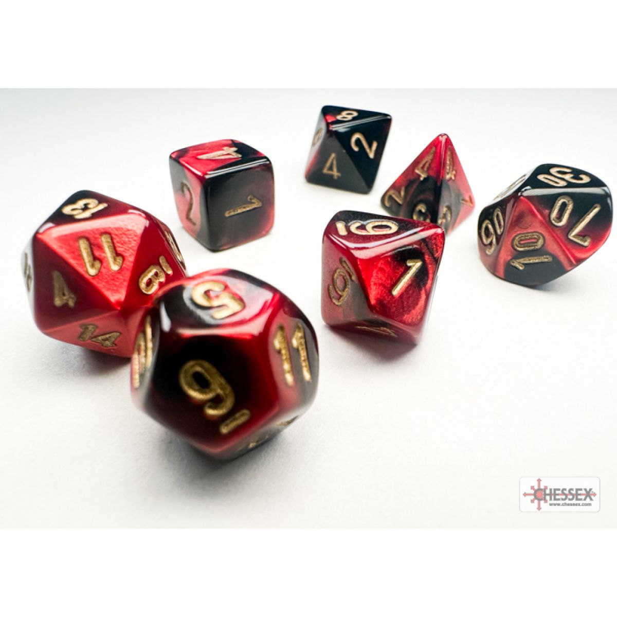 Chessex Gemini Mini-hedral Black-Red-gold 7-Die Set CHX 20633 - Good Games