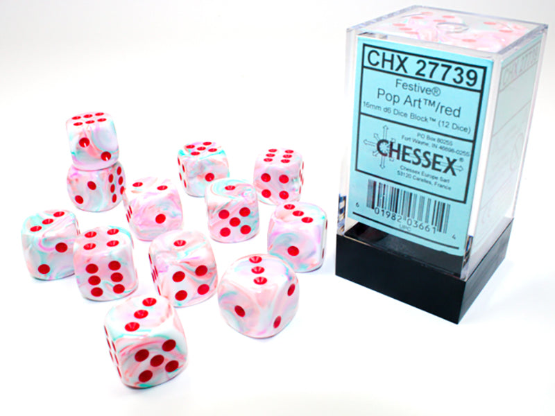 Twelve Chessex Festive Pop Art red d6 dice, swirled pink, white, and blue with red pips, scattered next to their clear packaging box