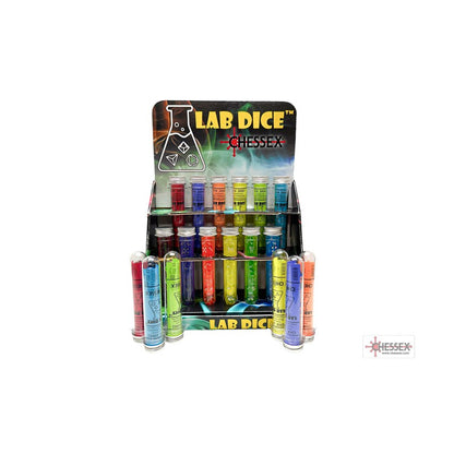 A Chessex "Lab Dice" display stand features colorful polyhedral dice packaged in clear test tube vials