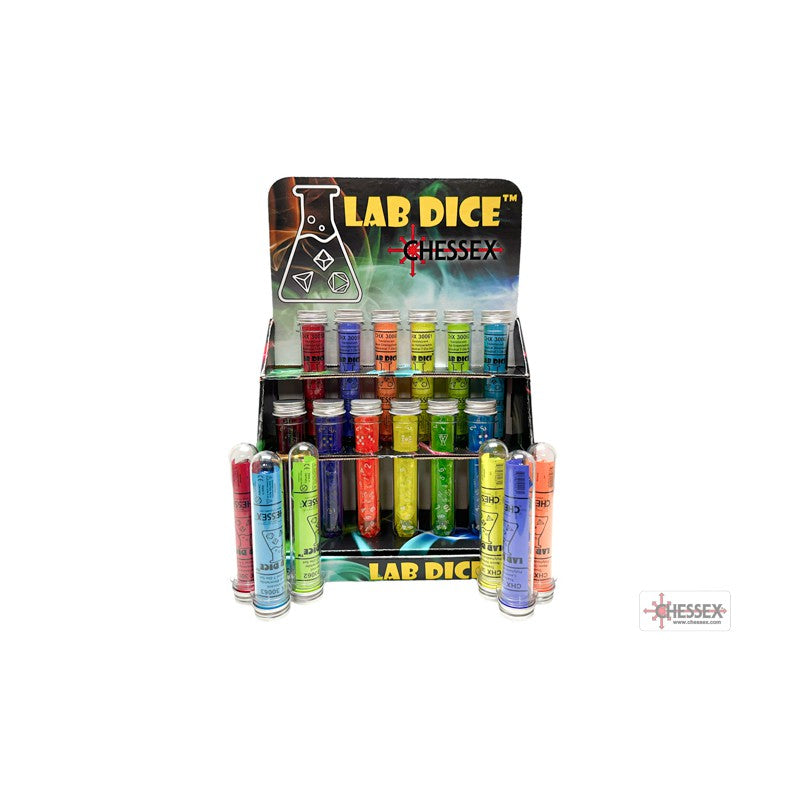 A Chessex &quot;Lab Dice&quot; display stand features colorful polyhedral dice packaged in clear test tube vials