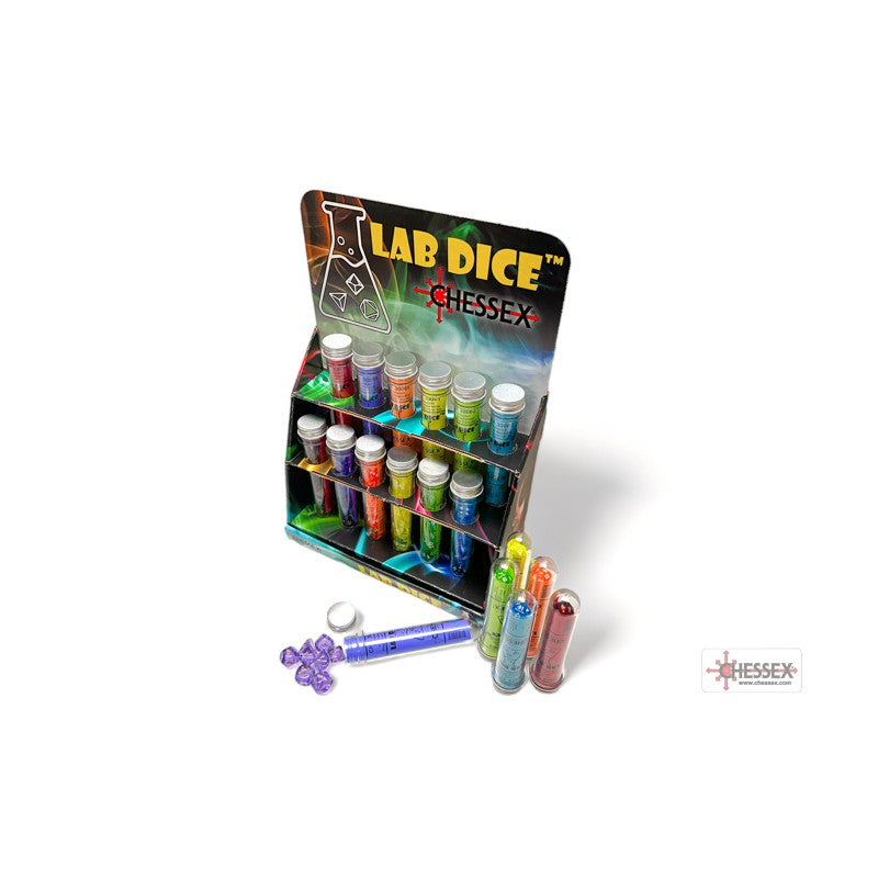 Chessex Lab Dice retail display with colorful dice in test tube-like vials, purple dice spilling from a syringe