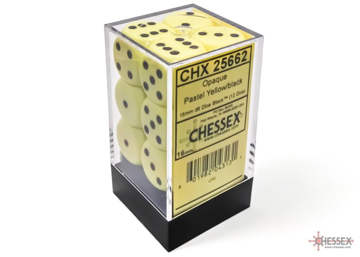 Chessex Opaque 16mm d6 Pastel Yellow/black Dice Block (12 dice) - CHX 25662