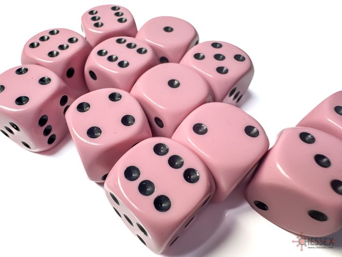 Chessex - Opaque 16mm d6 Pastel Pink/black Dice Block (12 dice)