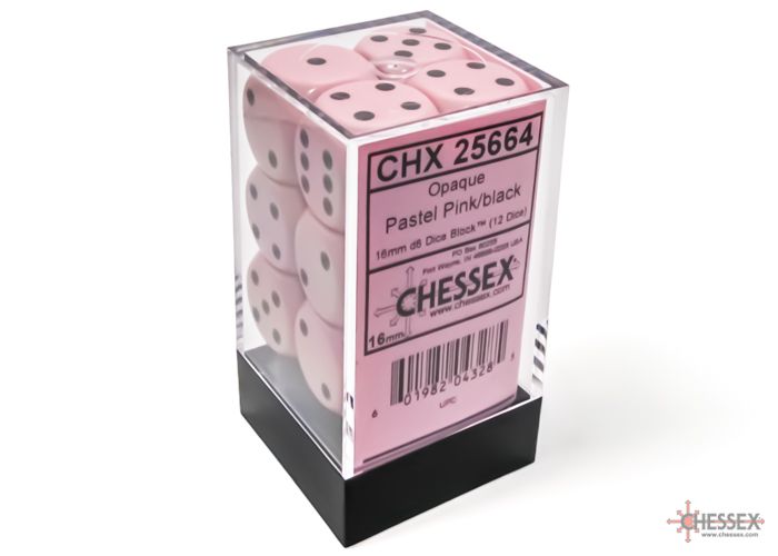 Chessex - Opaque 16mm d6 Pastel Pink/black Dice Block (12 dice)