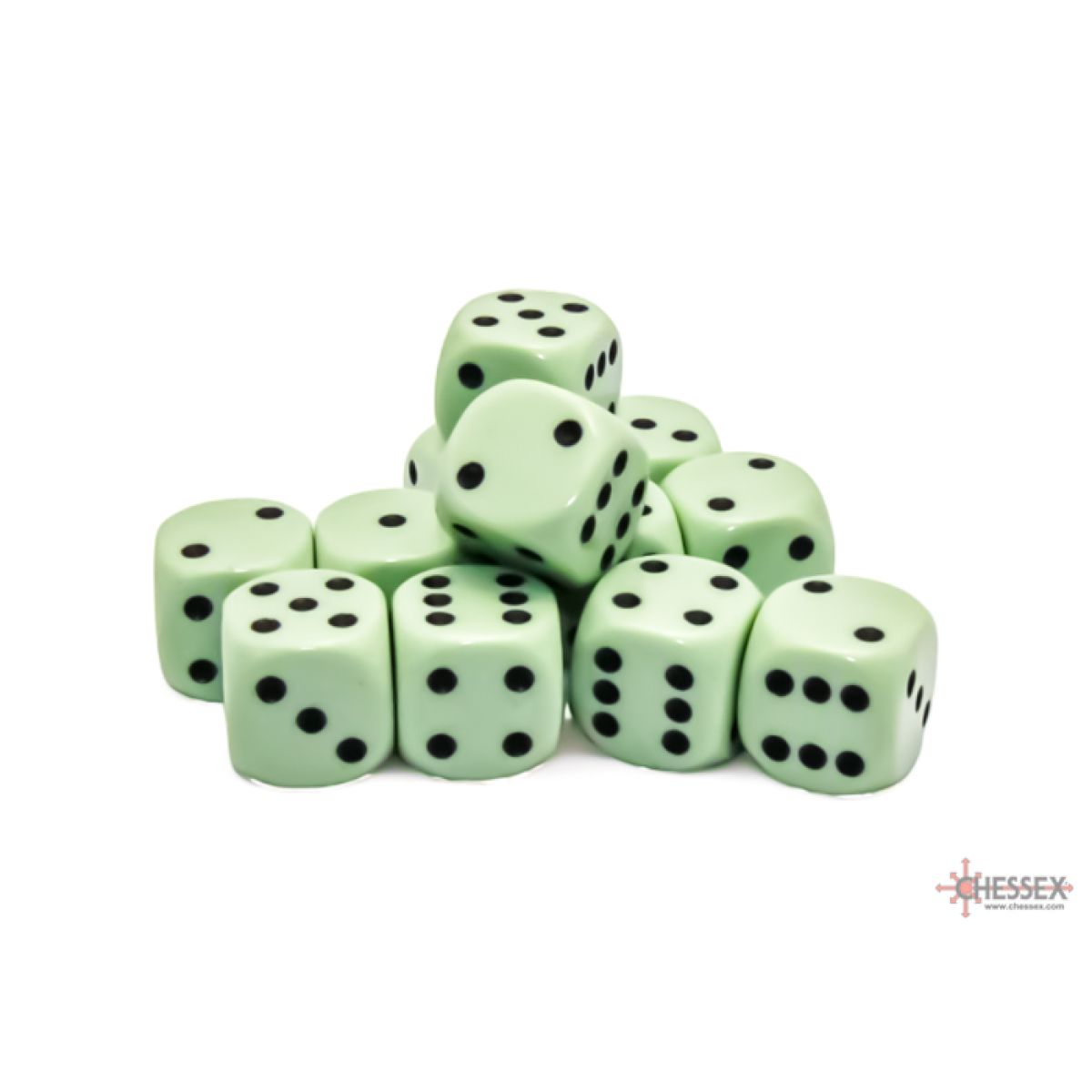 Chessex - Opaque 16mm d6 Pastel Green/black Dice Block (12 dice)