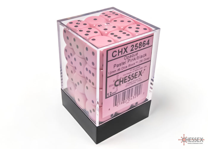 Chessex - Opaque 12mm d6 Pastel Pink/black Dice Block (36 dice)