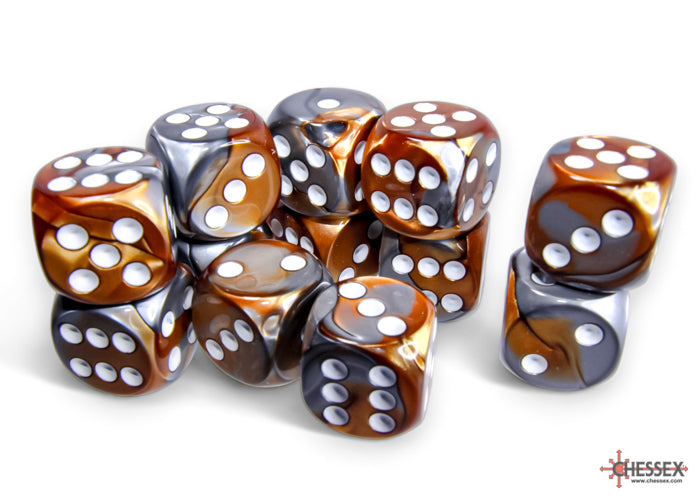 Chessex Gemini 16mm D6 Copper-Steel/White (12) (CHX 26624) - Good Games