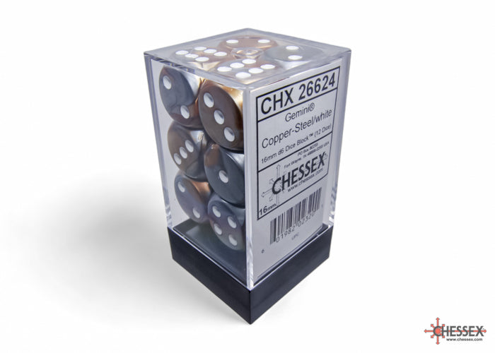 Chessex Gemini 16mm D6 Copper-Steel/White (12) (CHX 26624) - Good Games