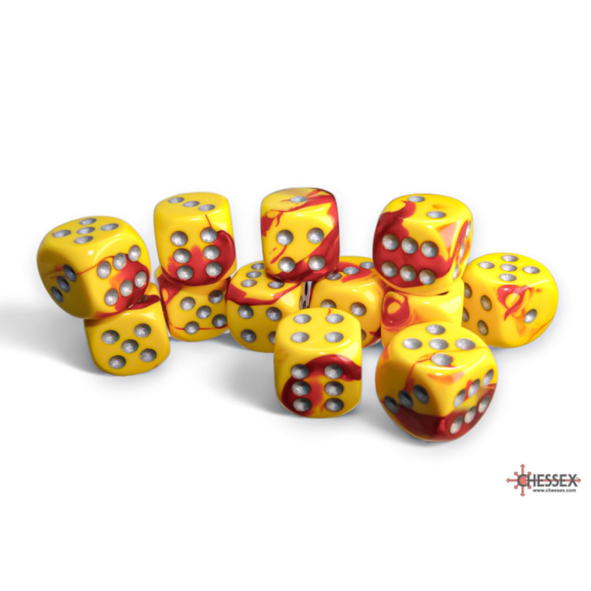 Chessex Dice Sets: Gemini # 5 16mm d6 Red-Yellow/Silver (12) - Good Games