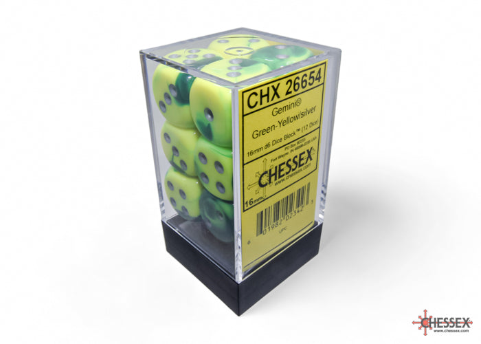 Chessex CHX 26654 Gemini Green-Yellow/silver 16mm d6 Dice Block (12 Dice)