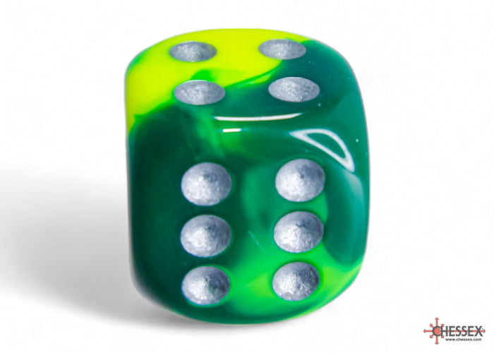 Chessex CHX 26654 Gemini Green-Yellow/silver 16mm d6 Dice Block (12 Dice) - Good Games