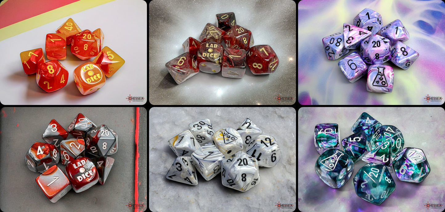 Chessex - 30818 Lab Dice 8 Polyhedral Dice Set Sampler 18-Piece Sets - 3 of Each Colour - Good Games