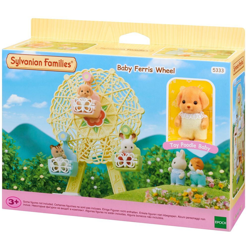 Sylvanian Families Baby Ferris Wheel toy set packaging showing animal figures riding the yellow wheel