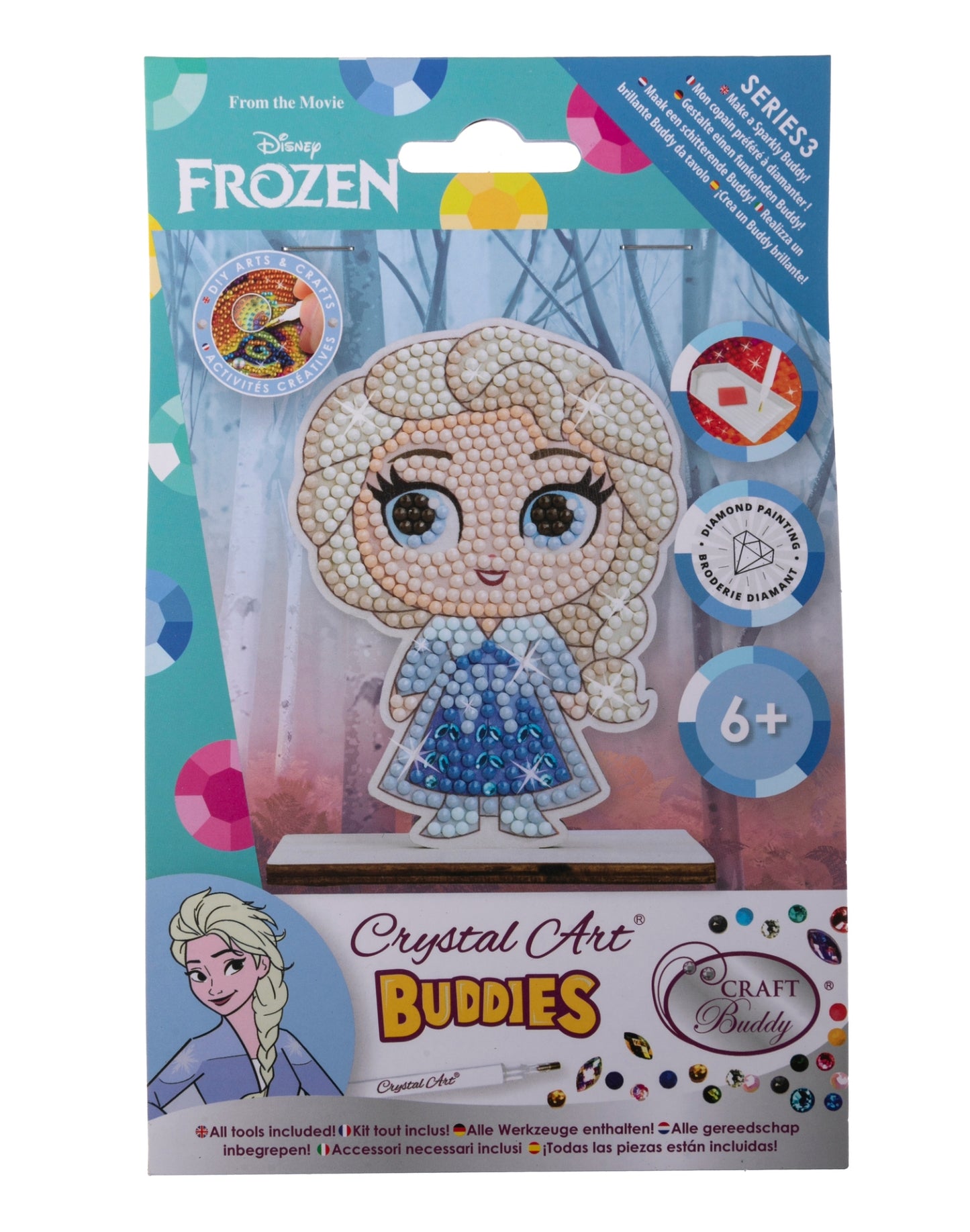 Disney Frozen "Crystal Art Buddies" craft kit packaging showing a chibi Elsa figure made of small diamond painting gems