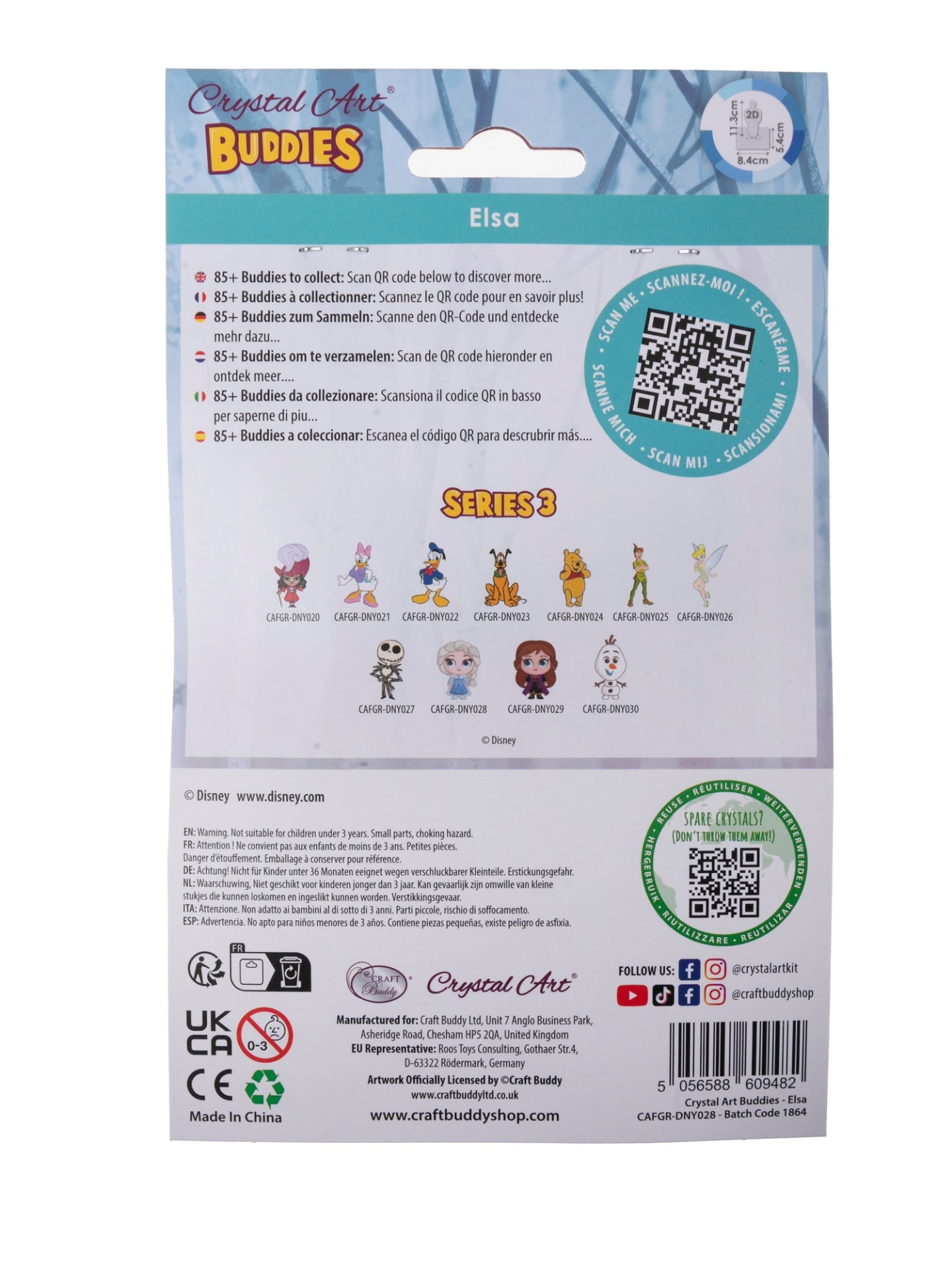 Back of Crystal Art Buddies Disney packaging for Elsa. Shows Series 3 checklist, 85+ Buddies info, large QR code, and barcode