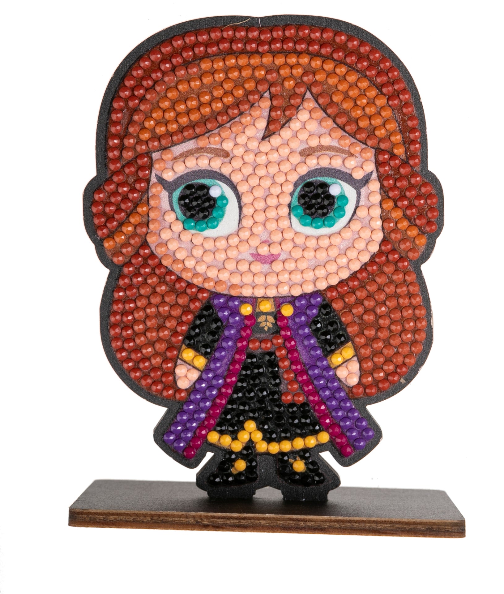 Diamond painting figure of a cartoon girl (Anna-style) with red hair and a purple cloak, on a stand