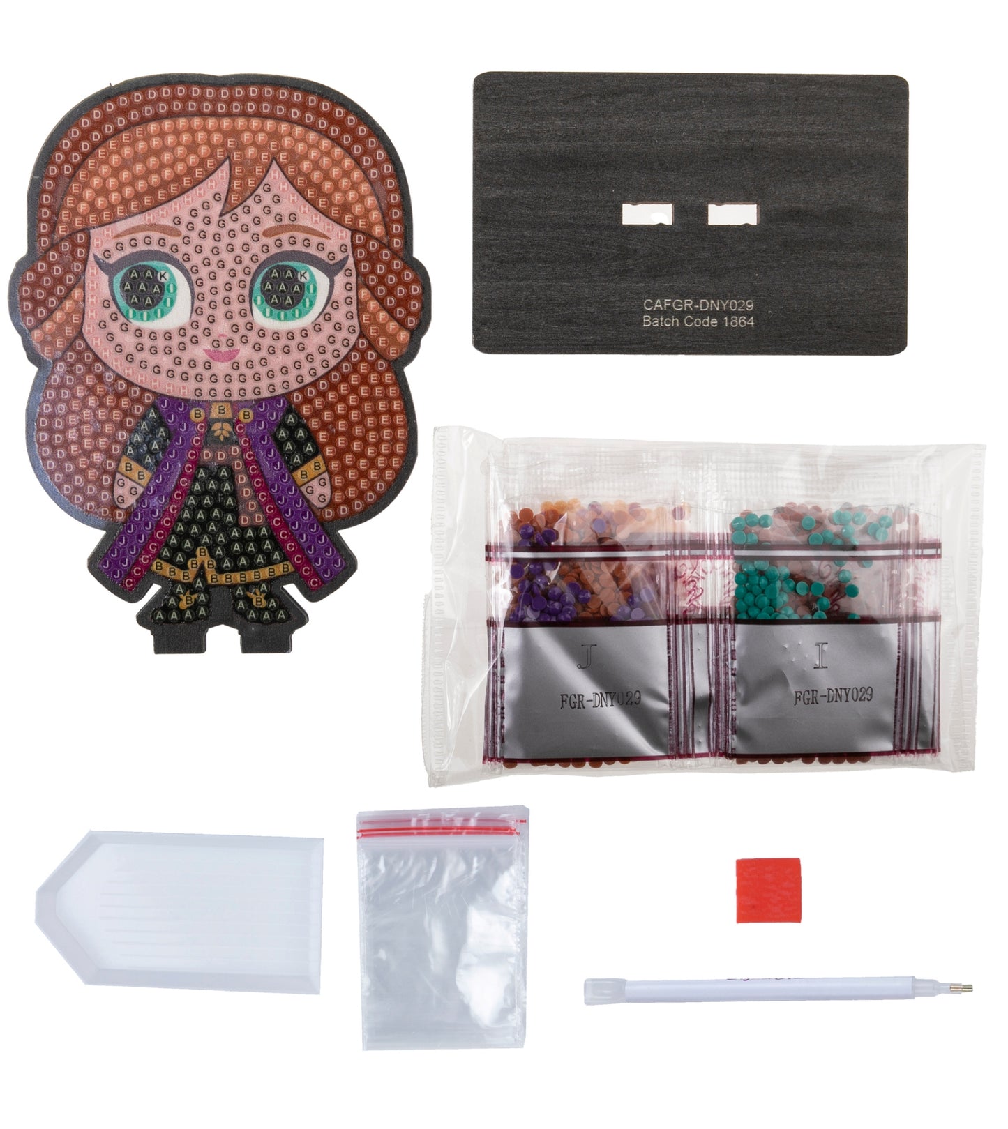 Diamond painting craft kit featuring a stylized character design, adhesive rhinestones, and tools