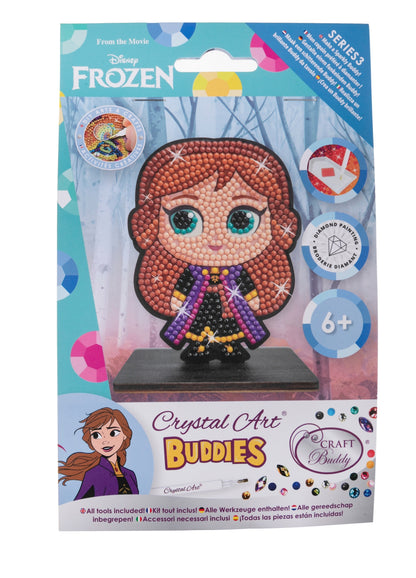 Packaging for a Disney Frozen Series 3 Crystal Art Buddies kit, featuring a diamond painting figurine of Anna