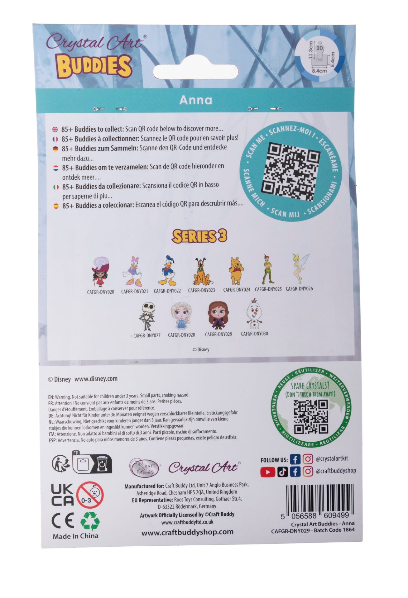 Rear packaging for Disney Crystal Art Buddies "Anna" kit, detailing Series 3 characters and collection QR code