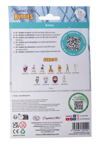 Rear packaging for Disney Crystal Art Buddies "Anna" kit, detailing Series 3 characters and collection QR code