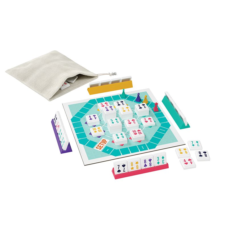Setup card game board with players&#39; racks and tile cards showing different suits and numbers