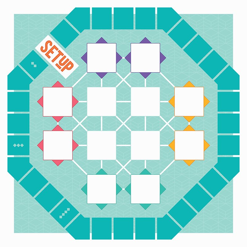 Colorful octagon-shaped board game grid with teal border squares and central playing area with varied color starting spaces