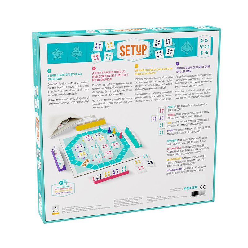 Setup board game in box showing game components gameplay description in multiple languages and ageplayer count details
