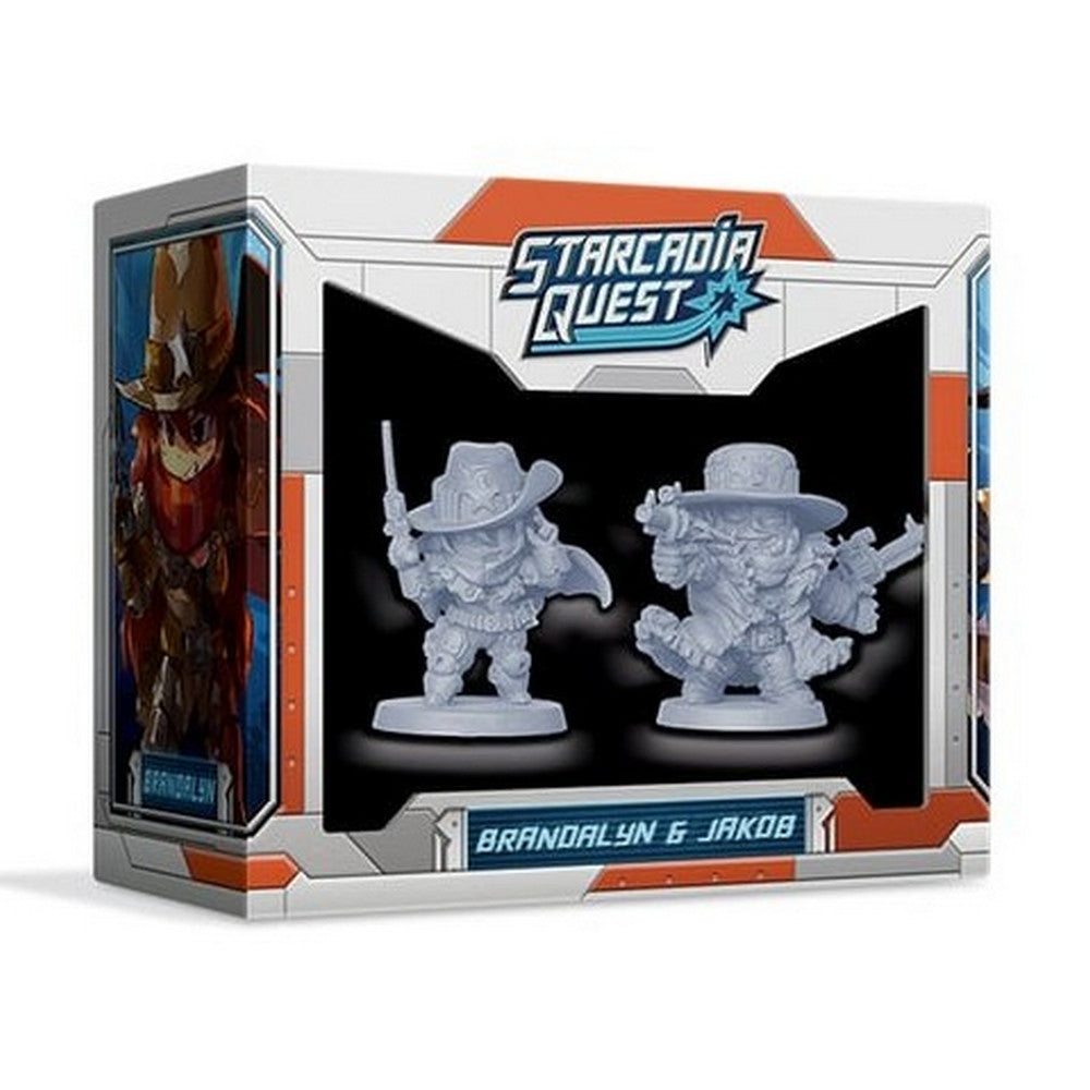 Starcadia Quest game box displaying two unpainted sci-fi cowboy miniatures: Brandalyn with a pistol, Jakob with a rifle