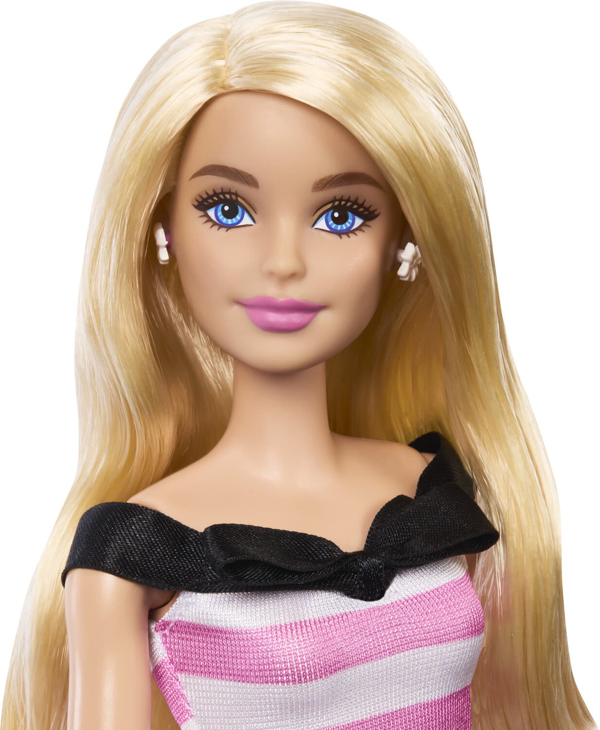 Blonde Barbie doll with blue eyes -  pink lips -  white flower earrings -  wearing a pink & white striped top