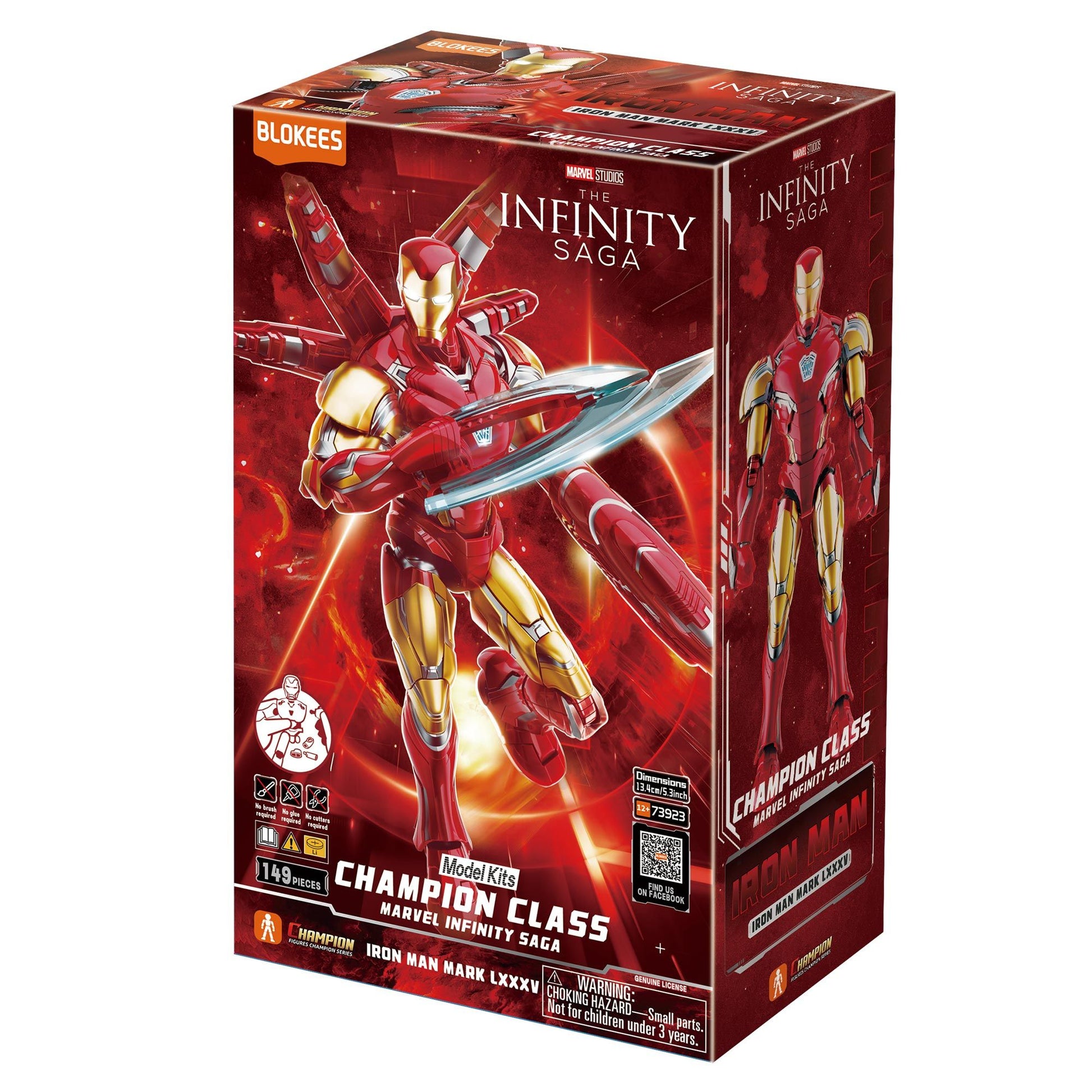 Iron Man Mark LXXXV model kit box art showing the hero in an action pose wielding a large blue energy sword