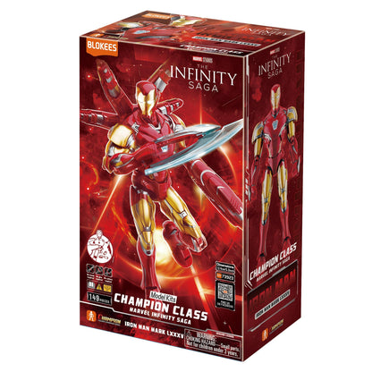 Iron Man Mark LXXXV model kit box art showing the hero in an action pose wielding a large blue energy sword