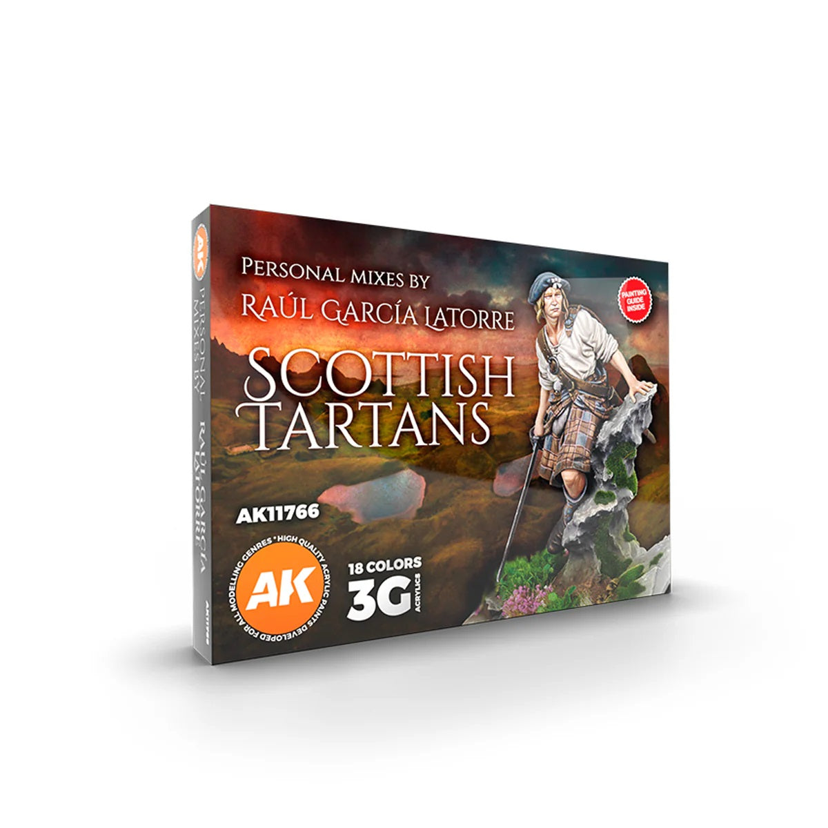 AK Interactive 'Scottish Tartans' 18-color acrylic paint set box, showing a kilted figure on a rocky landscape at sunset