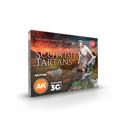 AK Interactive 'Scottish Tartans' 18-color acrylic paint set box, showing a kilted figure on a rocky landscape at sunset