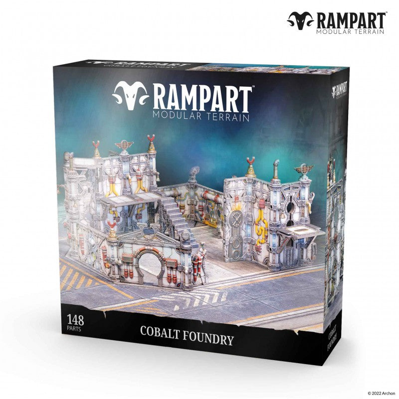 Archon Studio Dungeons & Lasers Rampart Modular Terrain Cobalt Foundry product box, showing a detailed sci-fi industrial terrain set