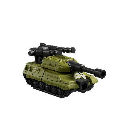 Olive green plastic tank toy with main cannon and dual turret weapons