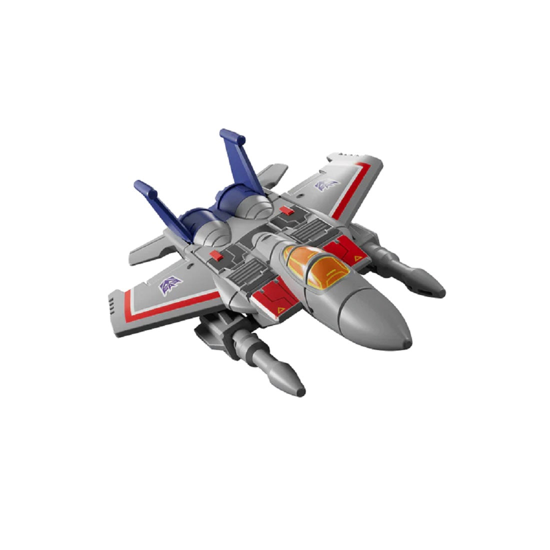Gray Decepticon toy fighter jet vehicle mode with blue tail fins and red stripes