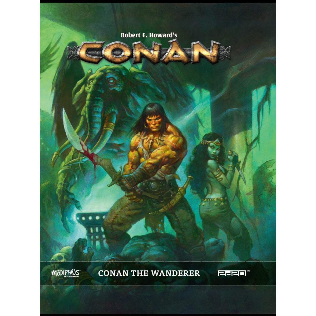 Conan cover: Muscular barbarian wielding a bloody sword, a woman with daggers, and an elephant in a dark jungle.