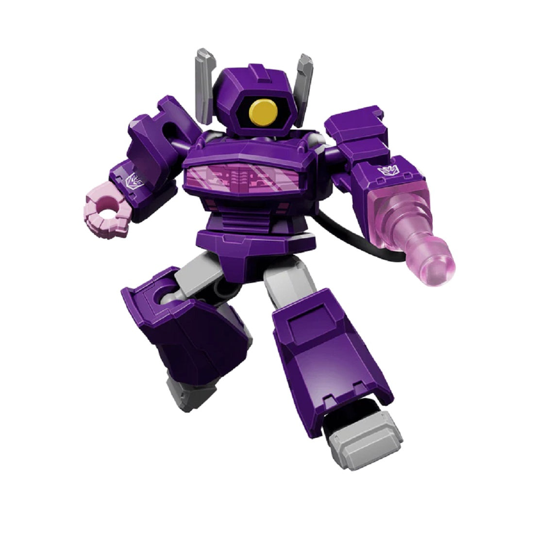 Purple block figure of Transformers Shockwave, featuring a cyclops eye and large arm cannon