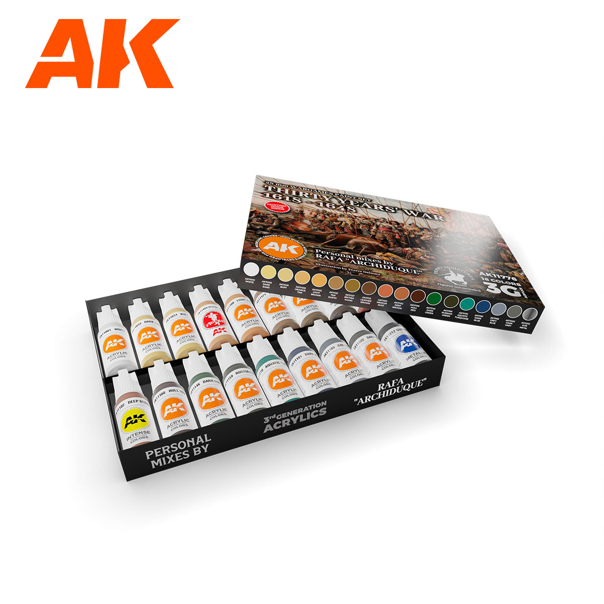 AK Interactive 16-bottle acrylic paint set for Thirty Years War, with historical battle scene box art