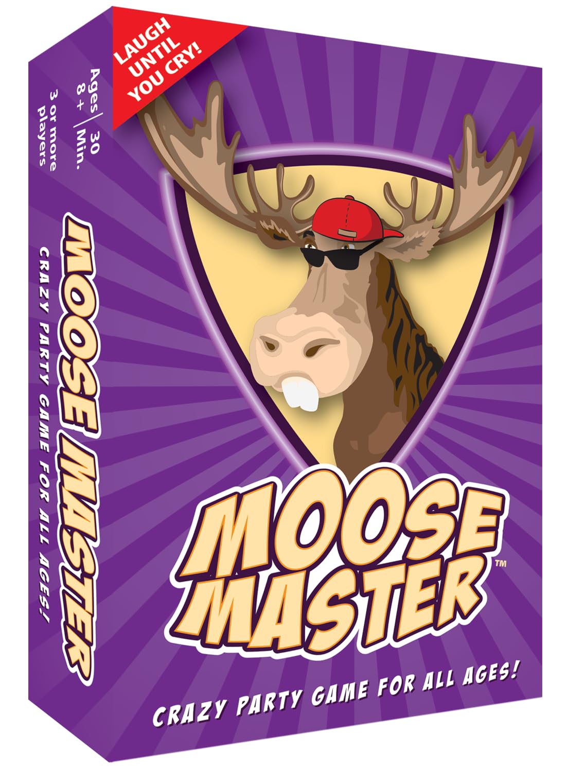 A purple Moose Master game box features a cartoon moose with sunglasses, a red cap, and buck teeth on a radiating background