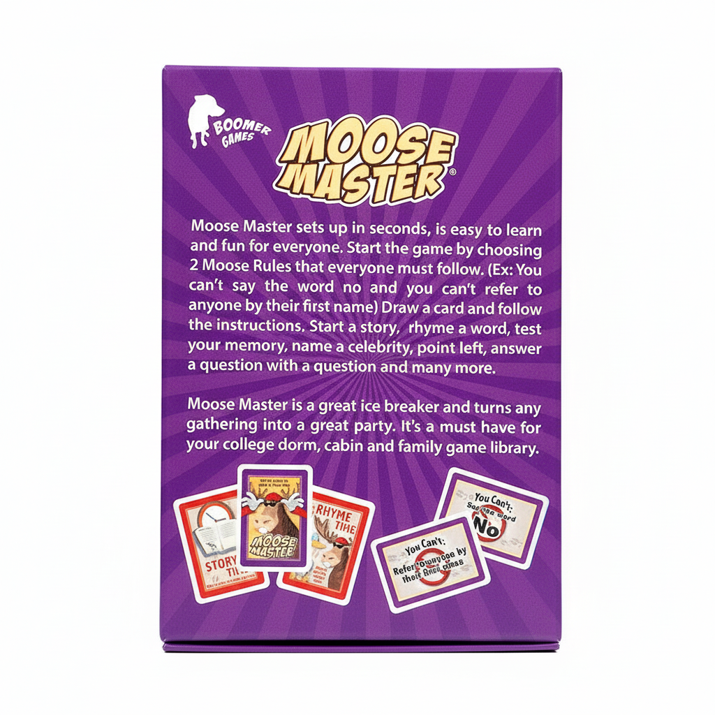 The back of the purple Moose Master game box showing game rules text and several game cards at the bottom