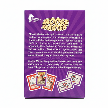 The back of the purple Moose Master game box showing game rules text and several game cards at the bottom