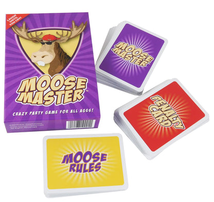 The Moose Master card game box featuring a cool moose and stacks of purple, red, and yellow game cards