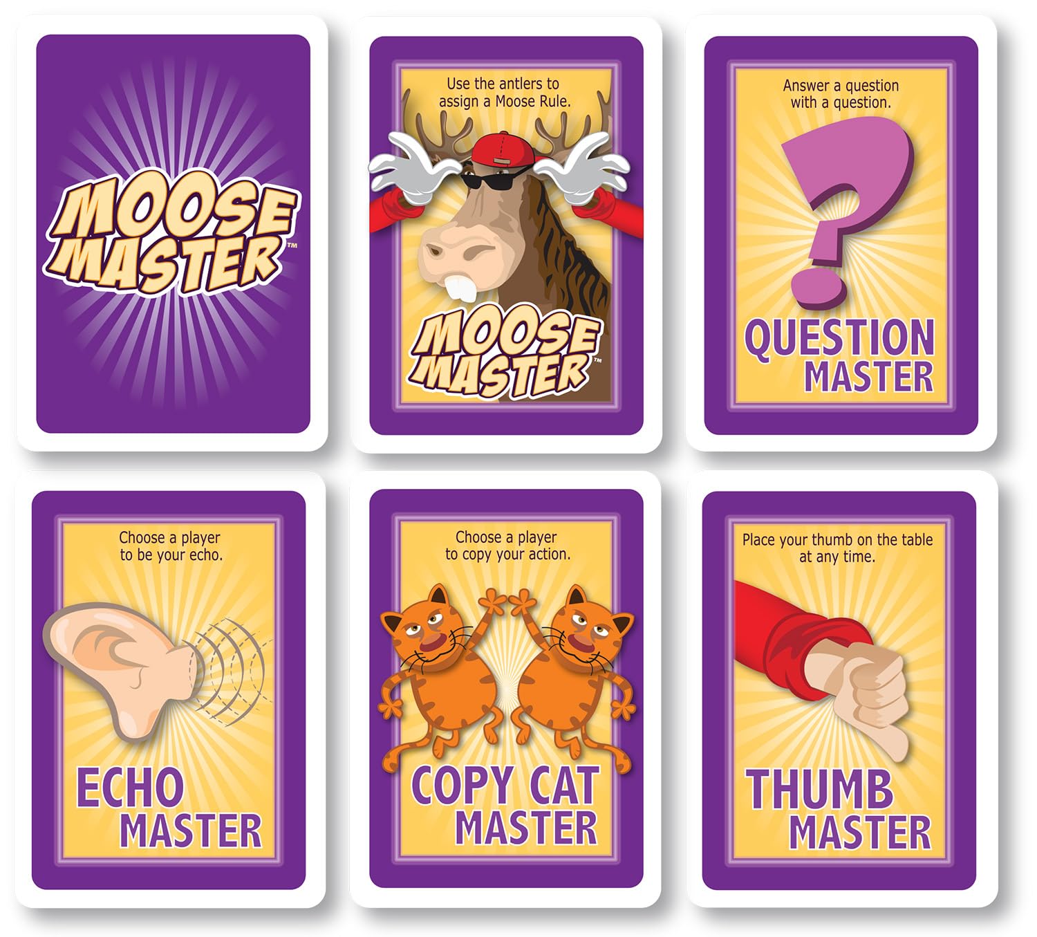 Six Moose Master game cards are displayed, showing the back design and fronts for Moose Master, Question Master, Echo Master, Copy Cat Master, and Thumb Master