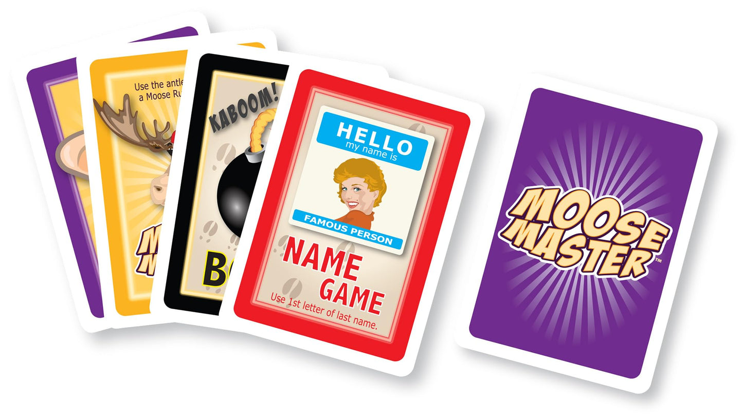 A fan of Moose Master playing cards shows a moose, a bomb, a name game card with a person, and one card face down displaying the Moose Master title