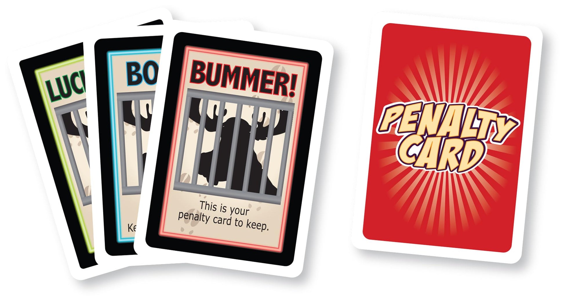 Three Moose Master game cards, including a Bummer card with a moose behind bars and a red Penalty Card back, are displayed on a white background