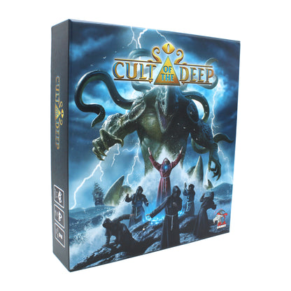 Cult of the Deep board game box shows a colossal tentacled monster rising from stormy seas, with robed cultists in ritual